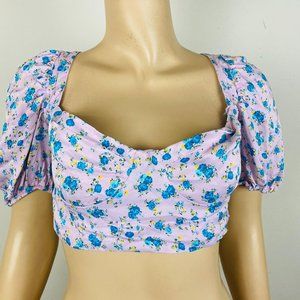 Zara Beautiful Pink Blue Puff Elastic Sleeve Women's XL Floral Corset Crop Top